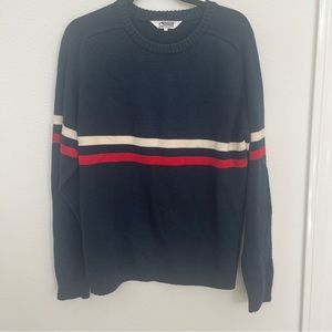 Mountain Khakis Jackman crewneck knit sweater men L blue w red white stripe FLAW
